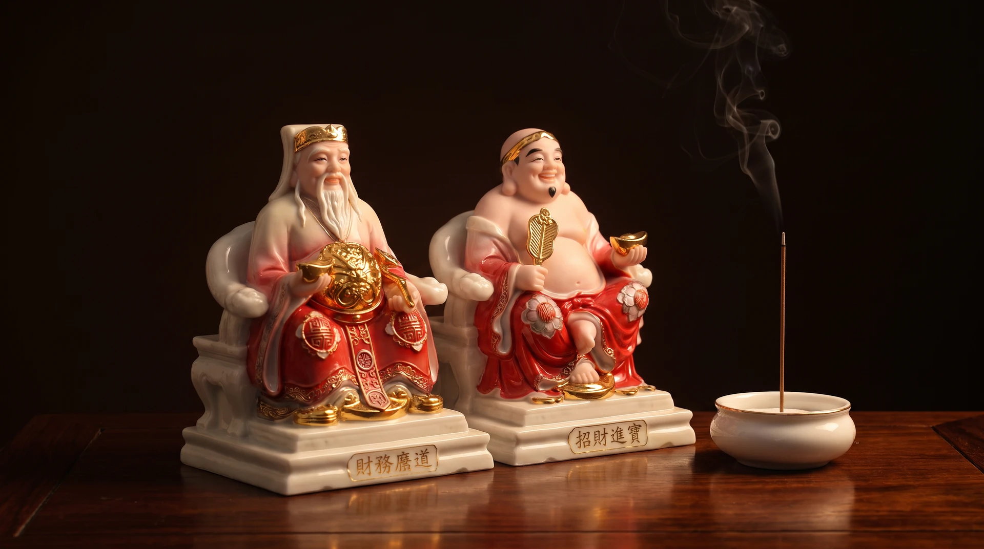Cặp tượng Thần Tài – Ông Địa gốm đỏ, đặt trên mặt gỗ
