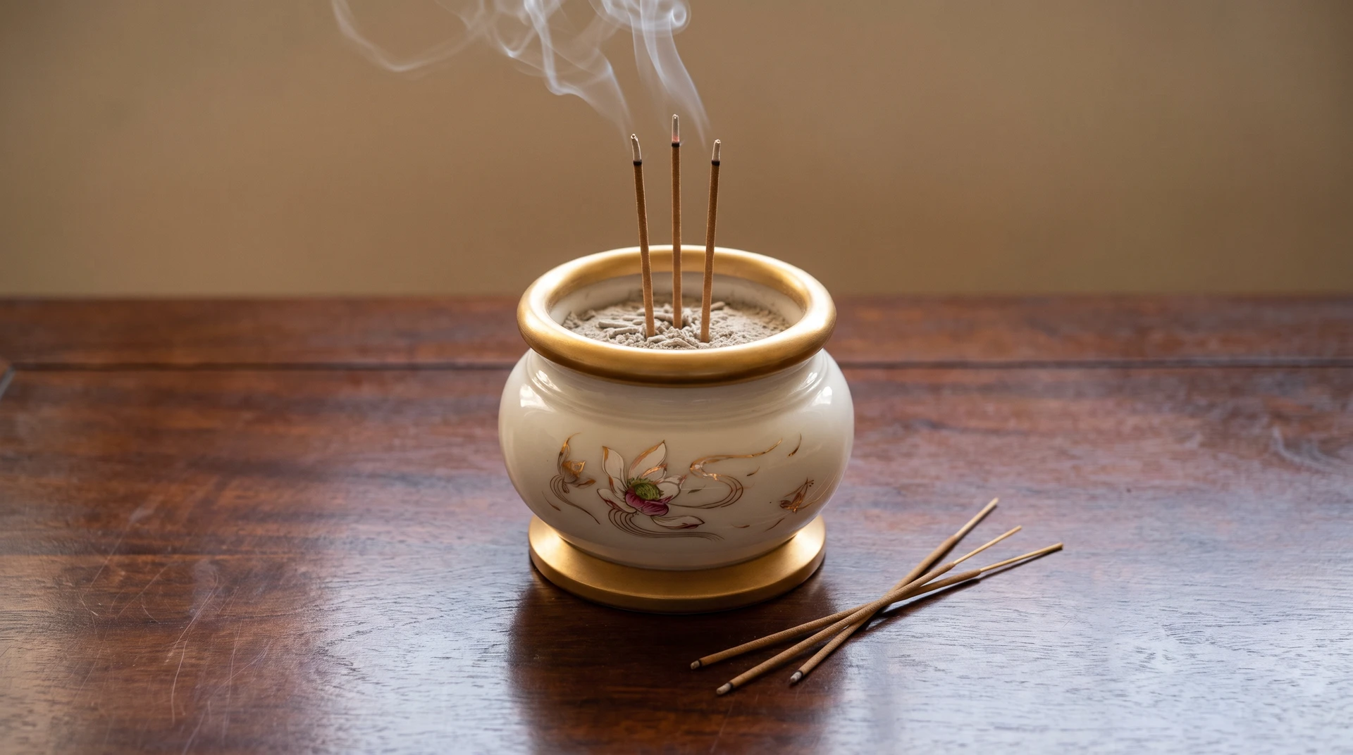 Một bát hương men trắng sứ viền vàng, ba nén nhang đang cháy