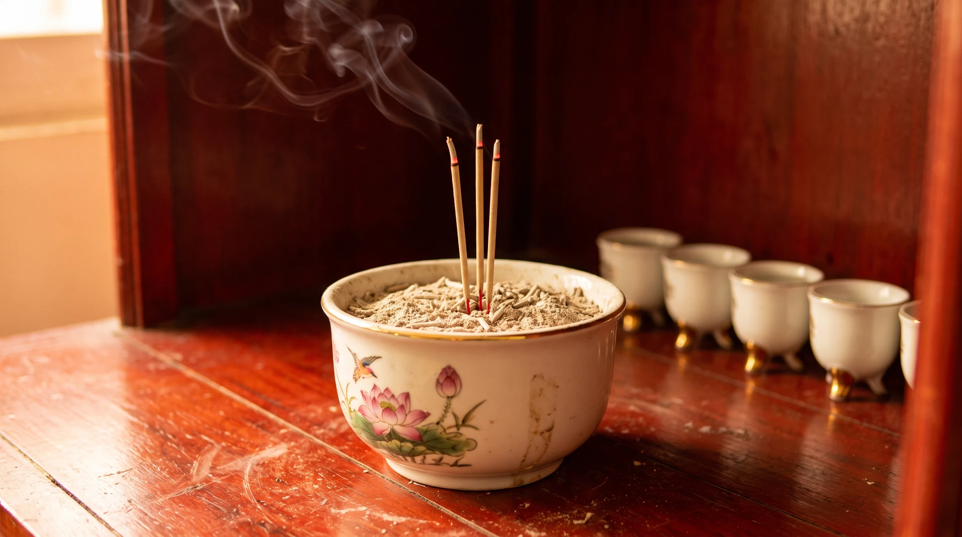 Ba nén nhang trong bát hương trên bàn Thần Tài