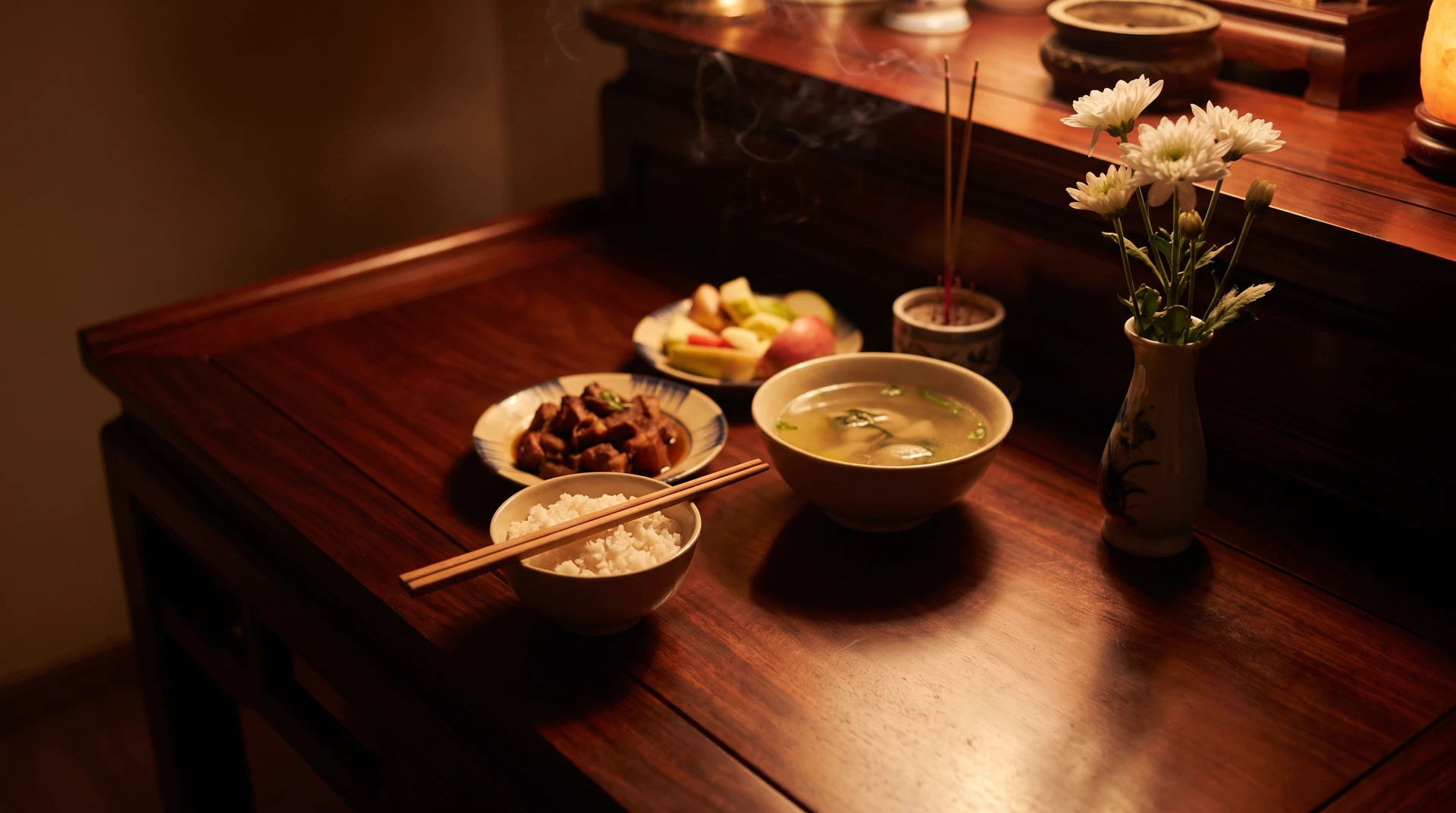 Mâm cơm cúng ngày giỗ: bát cơm, đĩa thức ăn, bát canh và chén nước