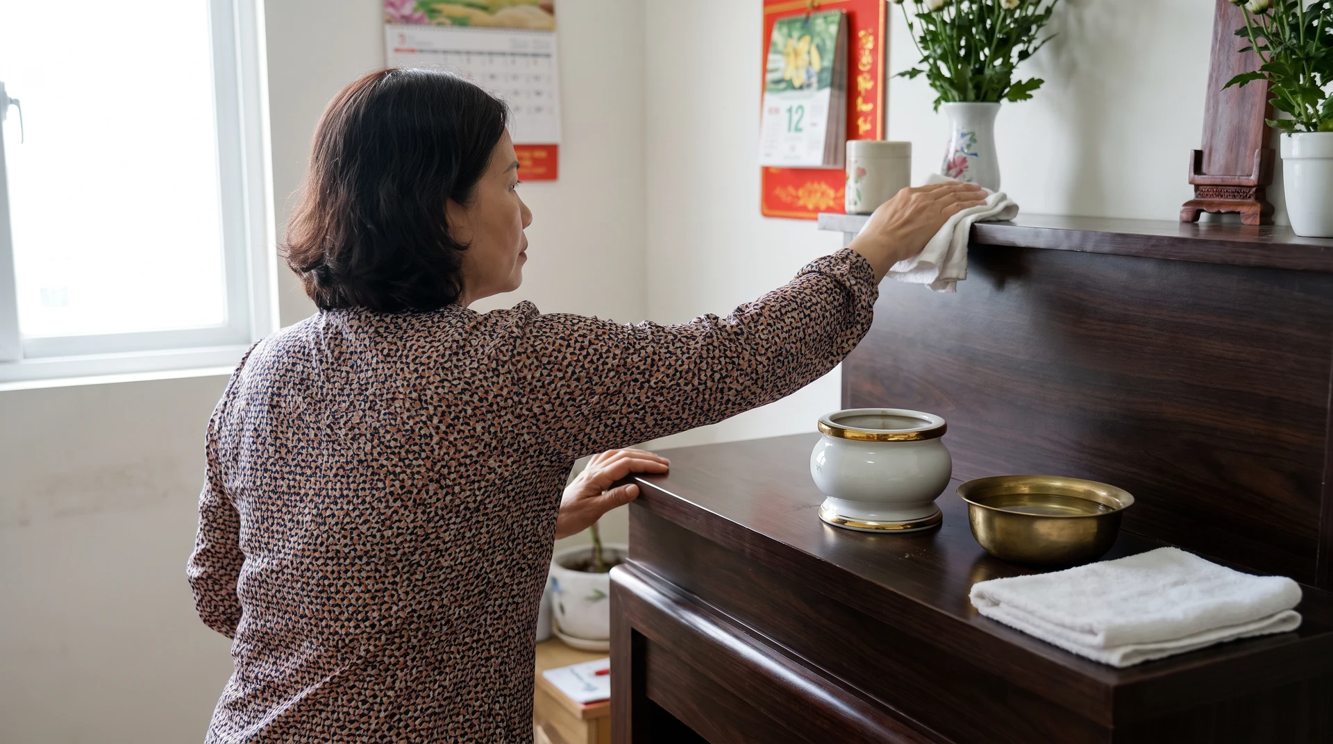 Lau bàn thờ cuối năm bằng khăn sạch, bát hương để yên tại chỗ