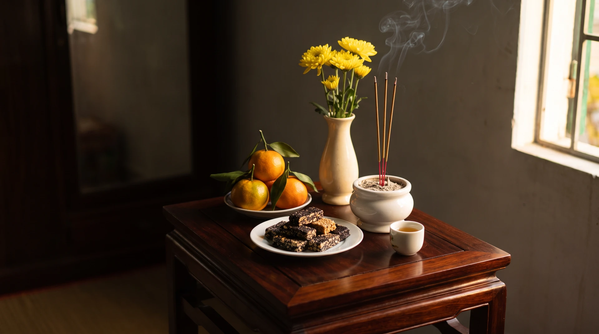 Mâm cúng ông Táo giản dị: đĩa kẹo thèo lèo, quýt, hoa cúc vàng và bát nhang