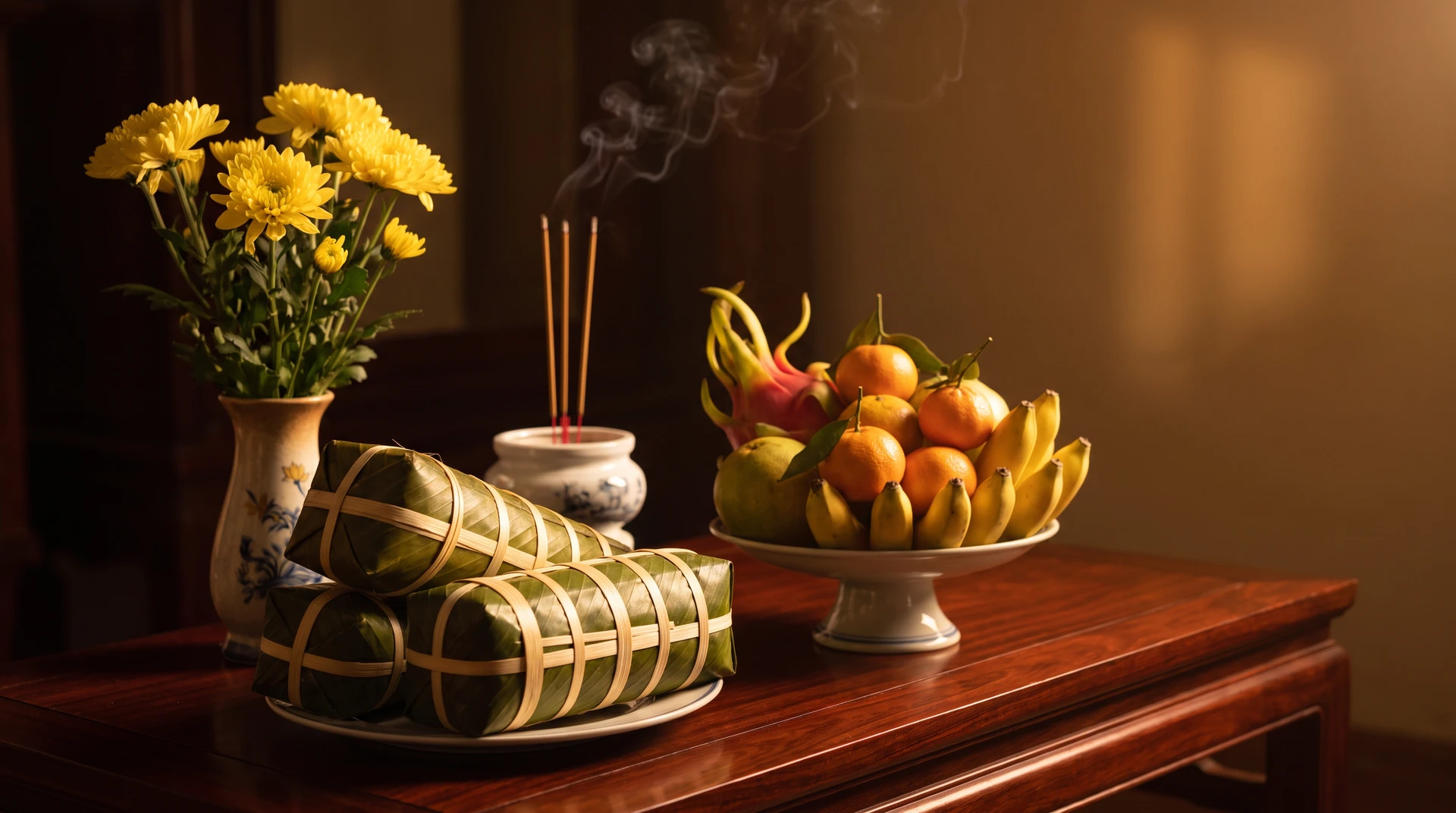 Bàn thờ chiều tất niên: cặp bánh tét, hoa cúc vàng và đĩa trái cây