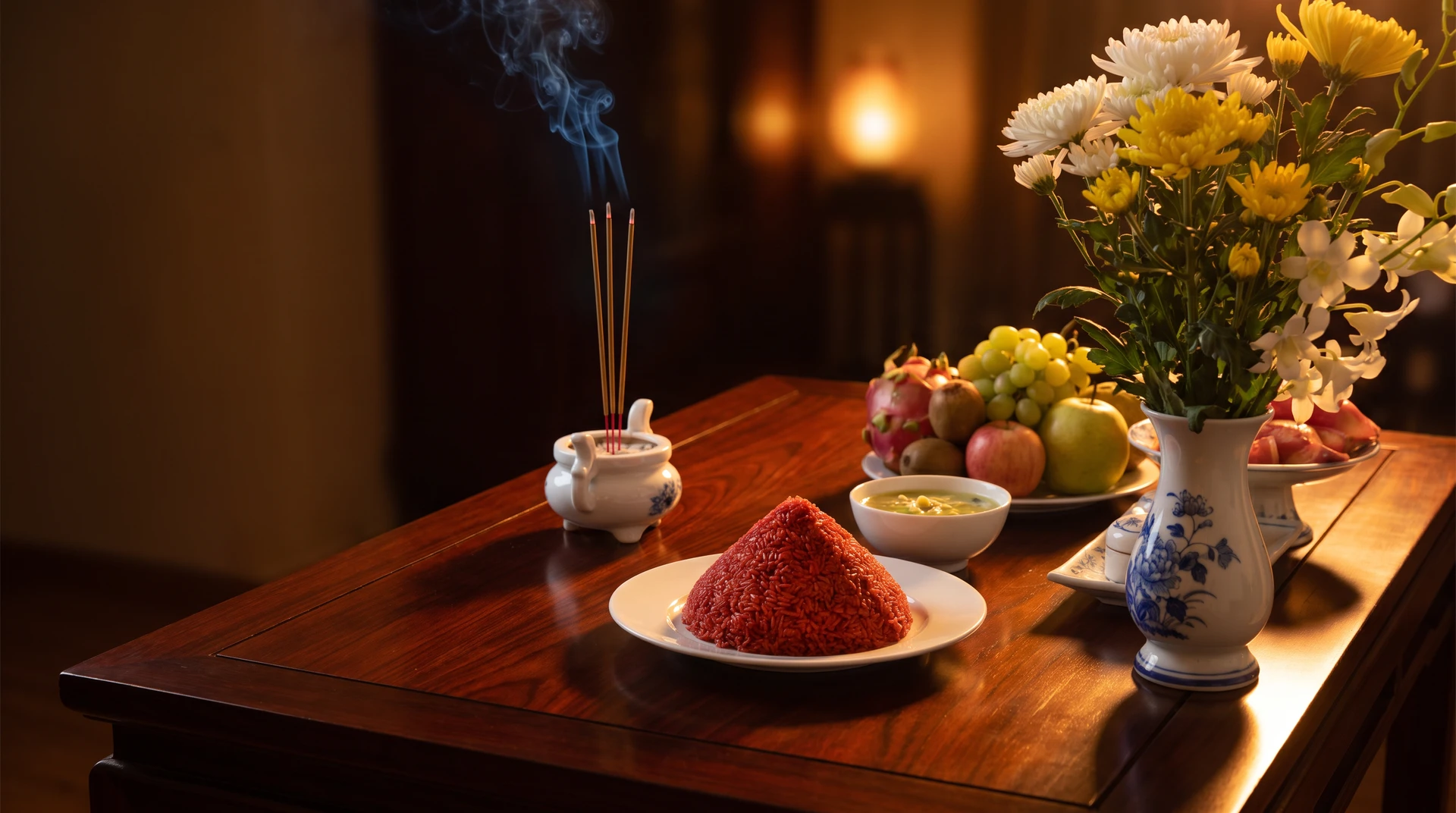 Mâm rằm tháng Giêng: xôi gấc, chè, hoa tươi và nhang