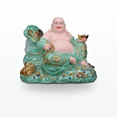 Tượng Di Lặc tựa bao tiền vân ngọc xanh 3410