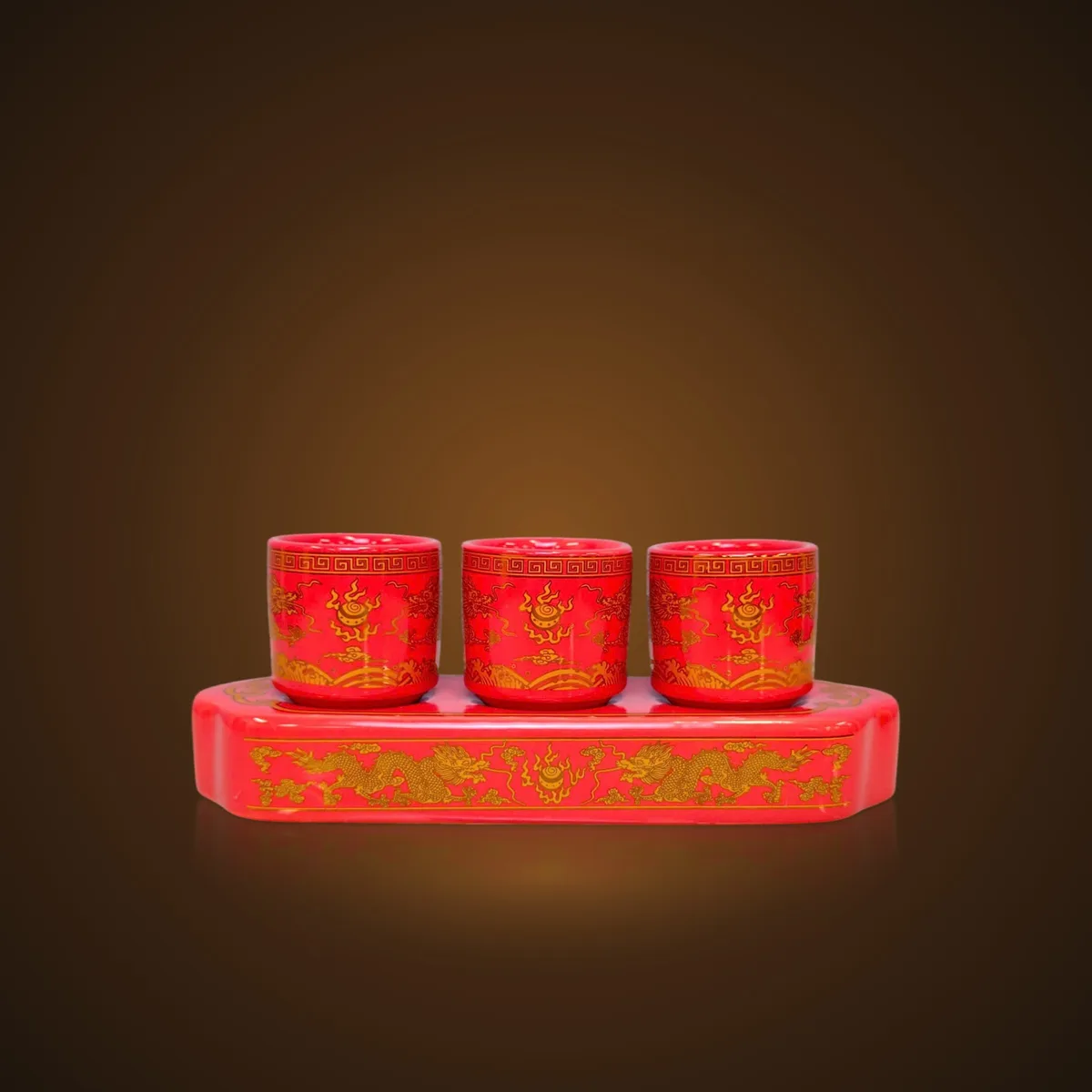 Bộ Án 3 Chung Men Đá Rồng Màu Đỏ