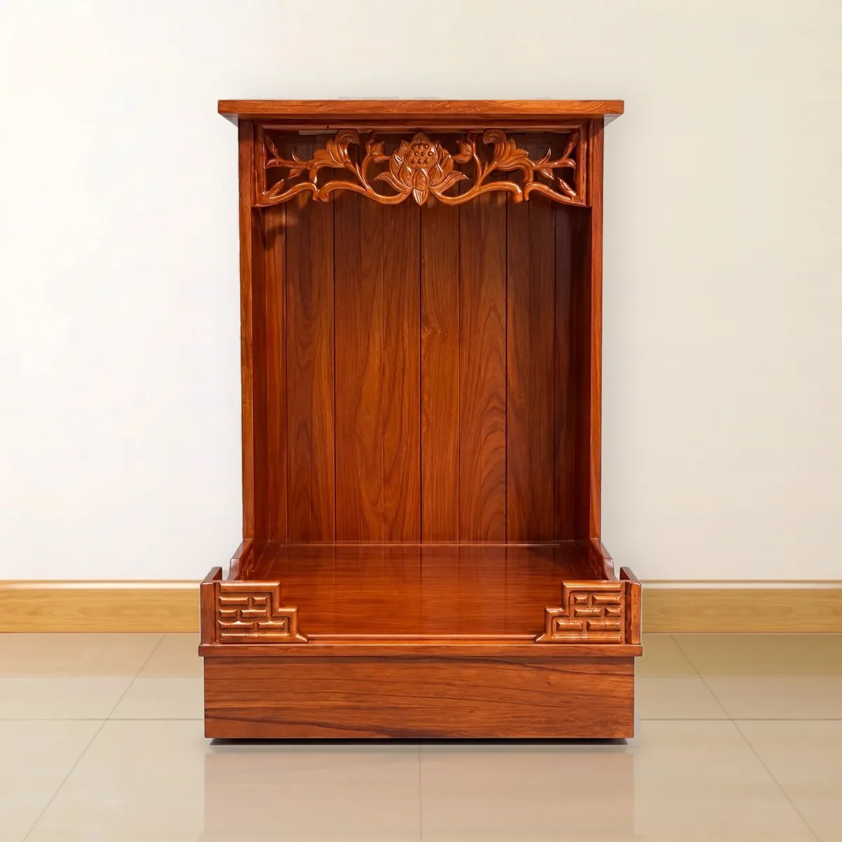 Tủ Thần Tài Mái Bằng Chạm Sen