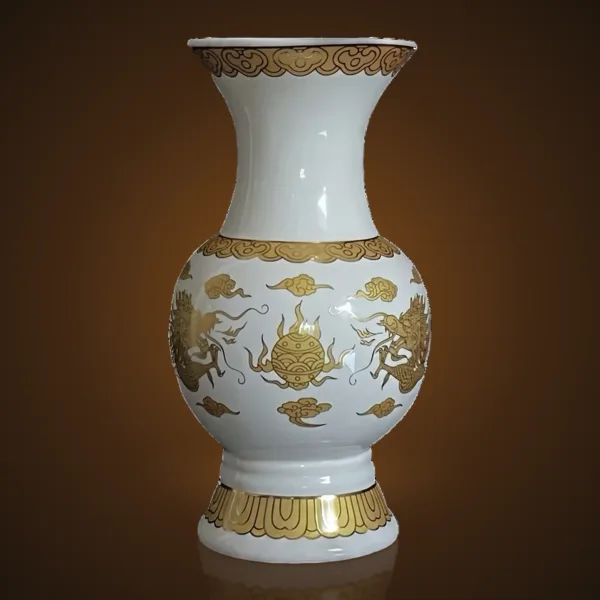 Bình bông sứ trắng vẽ rồng vàng