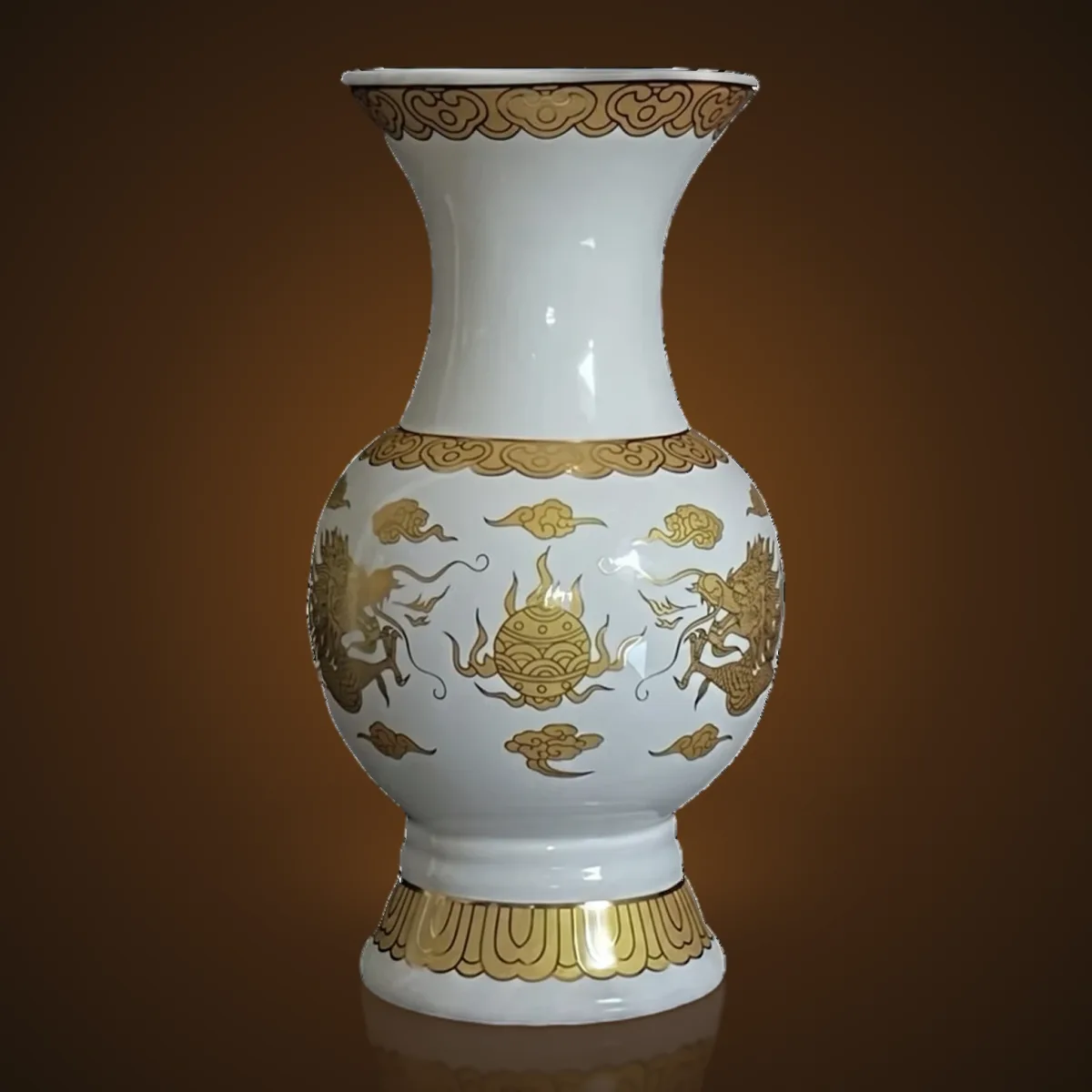 Bình bông sứ trắng vẽ rồng vàng