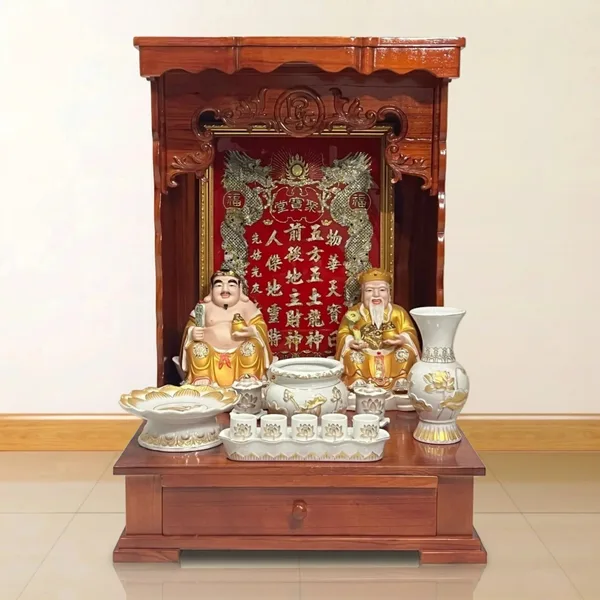 Bộ thờ Thần Tài - Ông Địa Gỗ Xoan Đào 2 Hộp Đèn, Bộ Hoa Sen Sứ Màu Vàng