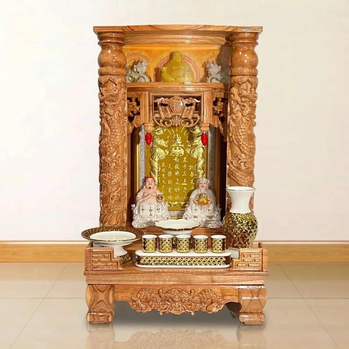 Bộ Thờ Thần Tài - Ông Địa Gỗ Xoan Đào - Chân Quỳ - Cột Rồng, Bộ Sứ Kim Cương Vàng