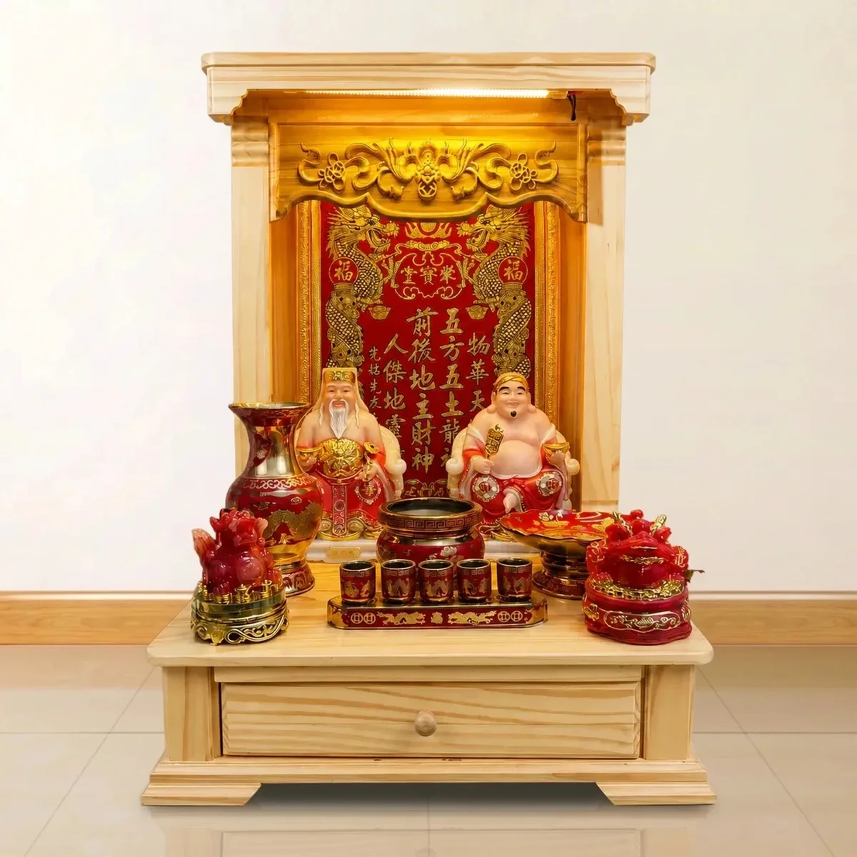 Bộ thờ Thần Tài – Ông Địa Gỗ Pơ Mu Gốm Đỏ