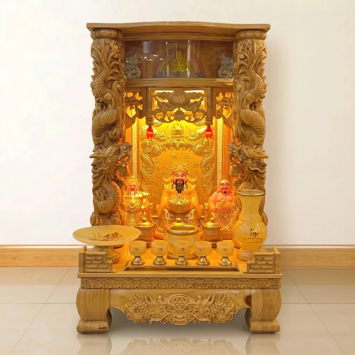 Bộ thờ Thần Tài - Ông Địa - Tủ Gỗ Pơ Mu, Cột Rồng
