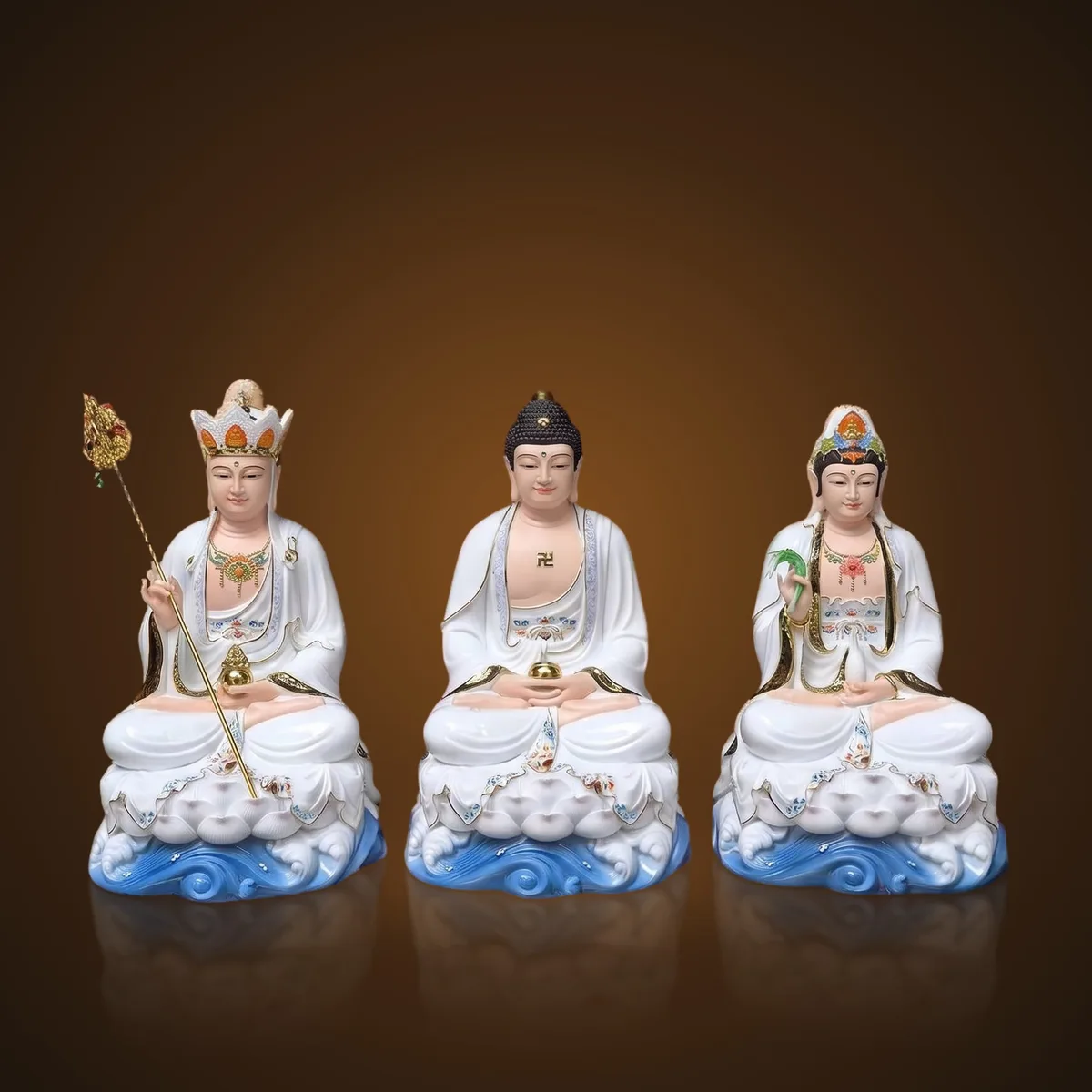 Bộ Tượng Ta Bà Tam Thánh - Trắng Đế Sóng Xanh