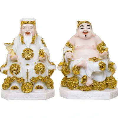 Cặp tượng Thần Tài – Ông Địa gốm trắng kim 10" đế bát giác