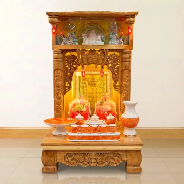 Bộ thờ Thần Tài - Ông Địa Gỗ Xoan Đào Kiếng Lân, Bộ Men Vân Màu Đỏ