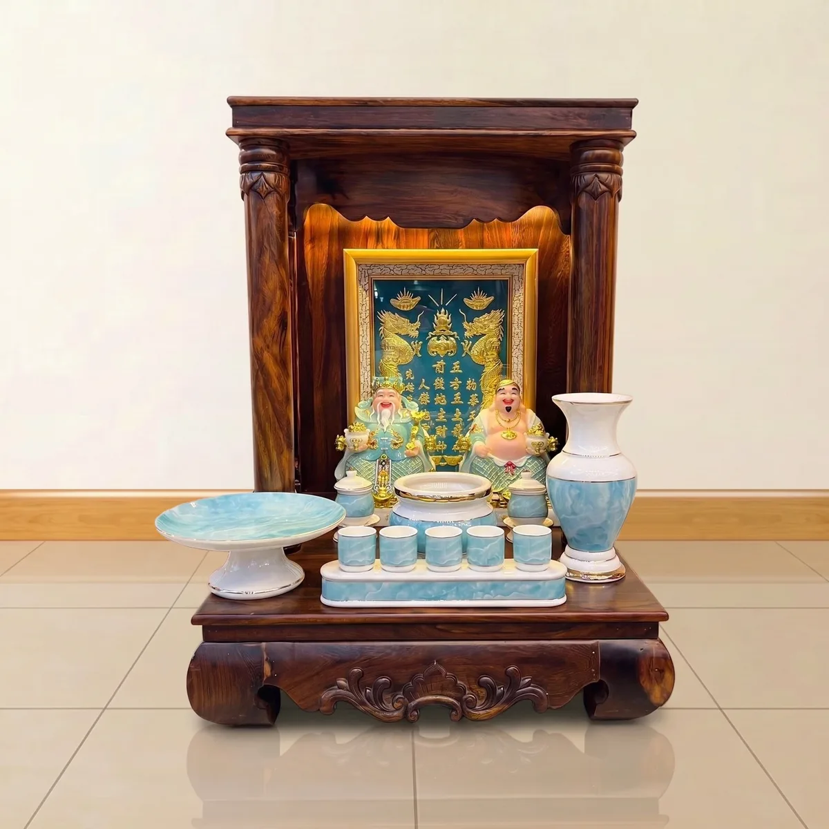 Bộ thờ Thần Tài - Ông Địa Gỗ Muồng Cột Tròn, Bộ Men Vân Đá Xanh Dương