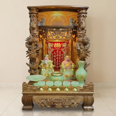 Bộ thờ Thần Tài – Ông Địa Cột Rồng Lưu Ly Xanh Ngọc