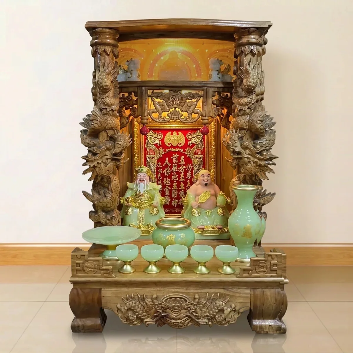 Bộ thờ Thần Tài – Ông Địa Cột Rồng Lưu Ly Xanh Ngọc