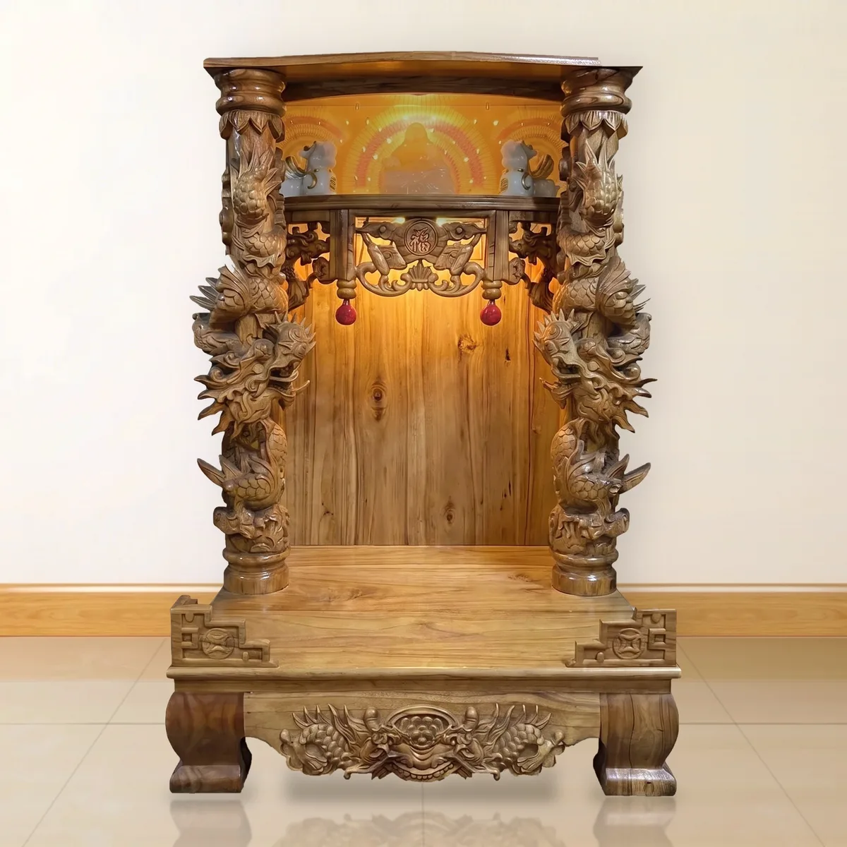 Tủ thờ Thần Tài cột rồng chân quỳ Xoan Đào 56×88