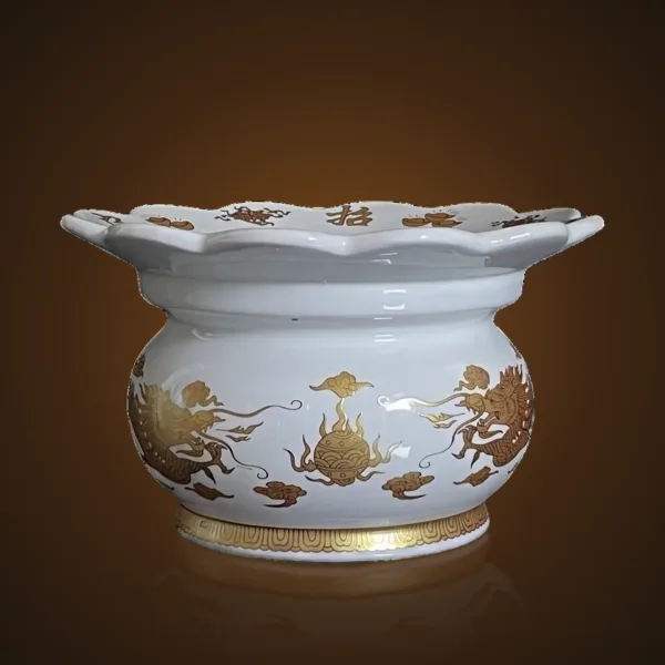 Lư hương sứ trắng vẽ vàng đồng tiền