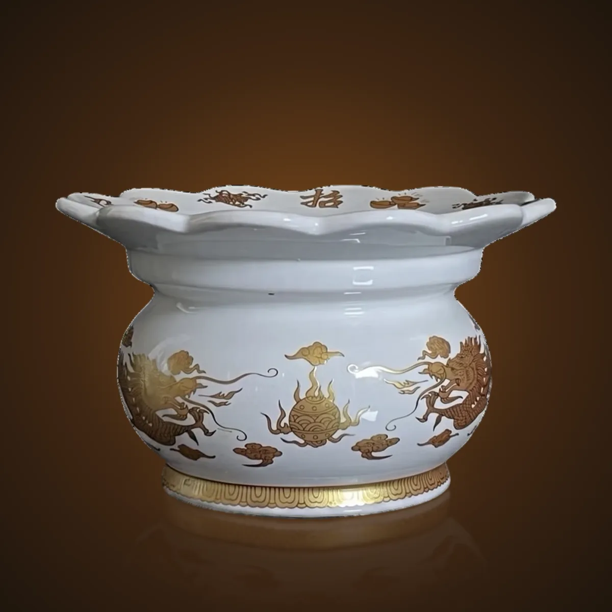 Lư hương sứ trắng vẽ vàng đồng tiền