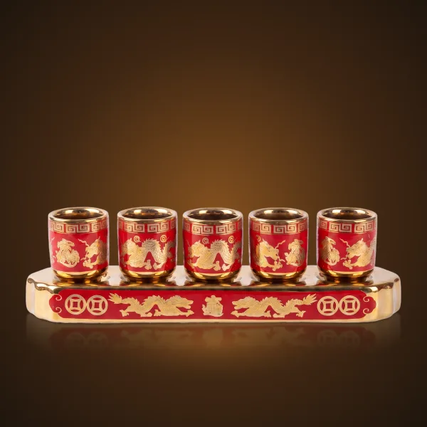 Bộ 5 chén + kỷ gốm đỏ