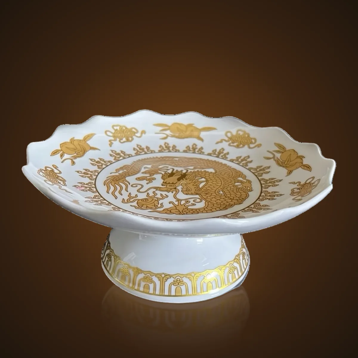 Dĩa quả sứ trắng vẽ vàng có chân