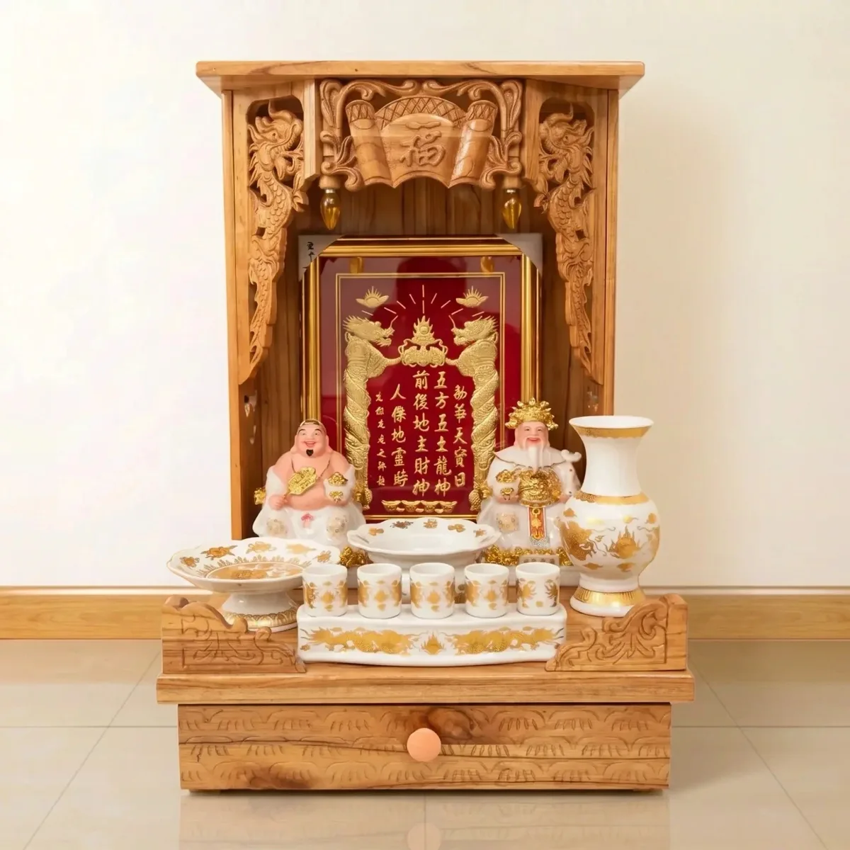 Bộ thờ Thần Tài – Ông Địa Sứ Trắng Viền Vàng