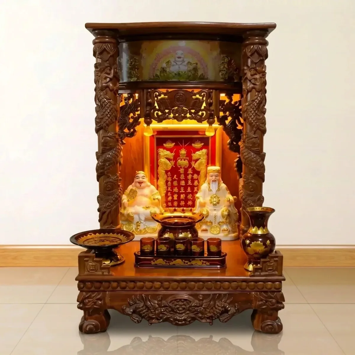 Bộ thờ Thần Tài – Ông Địa Cột Rồng Gõ Đỏ