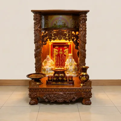 Bộ thờ Thần Tài – Ông Địa Cột Rồng Gõ Đỏ